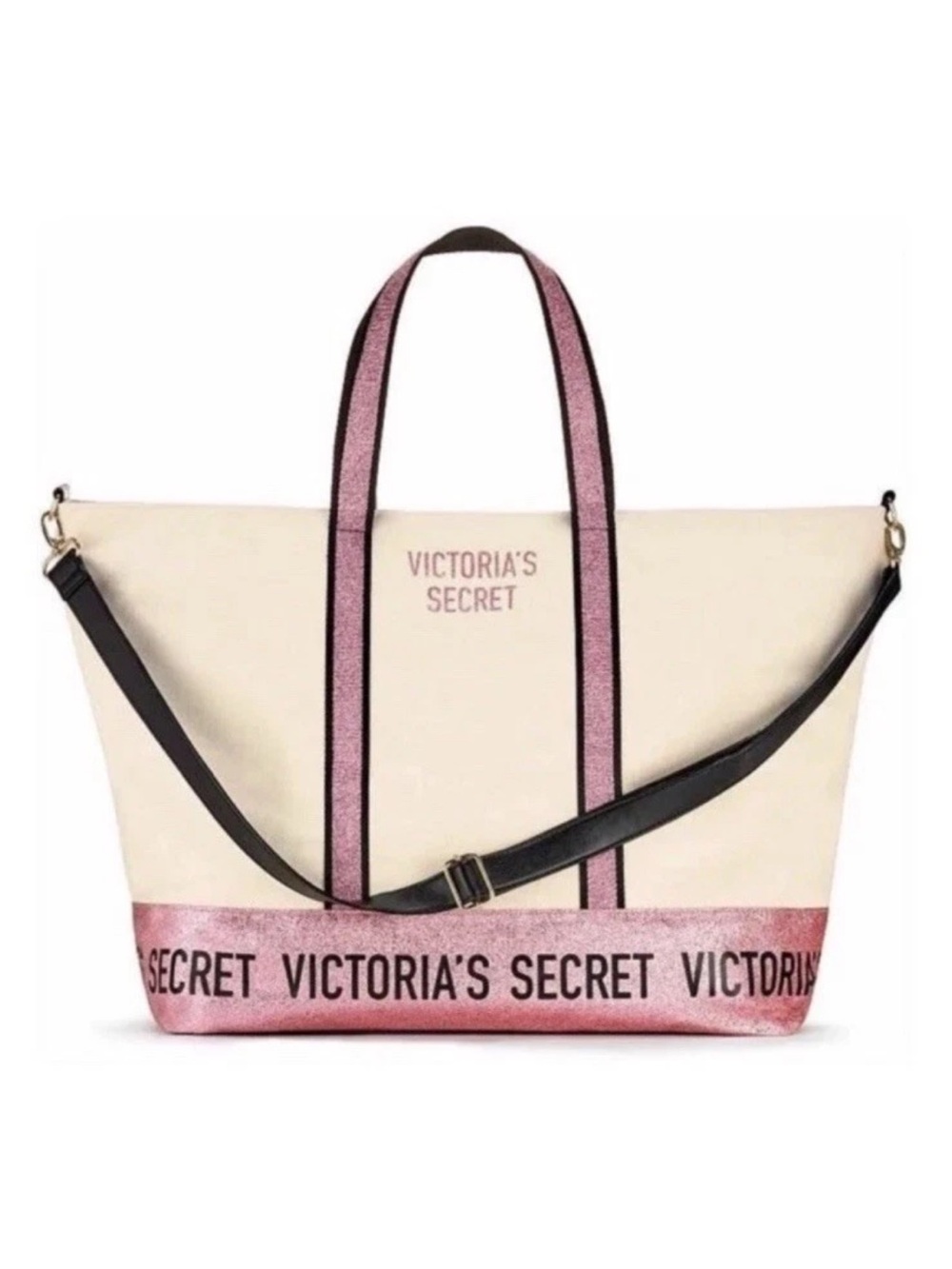 Victoria's Secret Ivory Canvas Tote with Pink Sparkle NWT